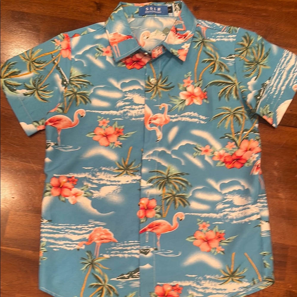 Boys SSLR Blue Hawaiian Shirt with Flamingos and Flowers